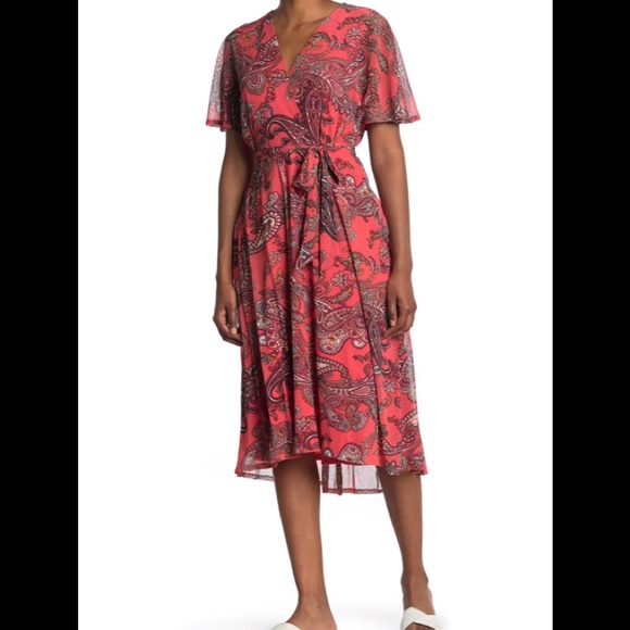 NWOT Sandra Darren Paisley Flutter Sleeve Chiffon Dress In Coral Multi - Picture 2 of 3